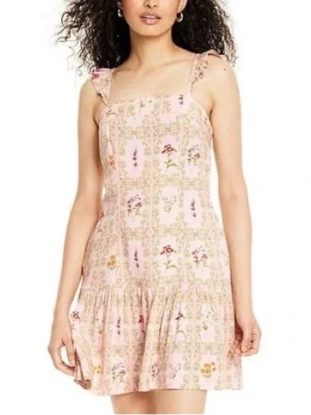 Agua Bendita x Target Pink Floral Tile Dress Sz M Smocked Tie Strap